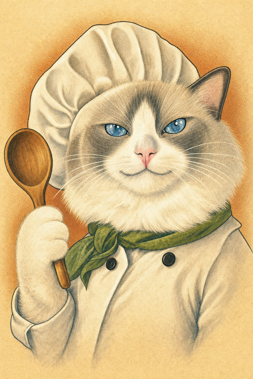 Illustrated portrait of Puff, a Ragdoll cat in a chef's hat holding a wooden spoon